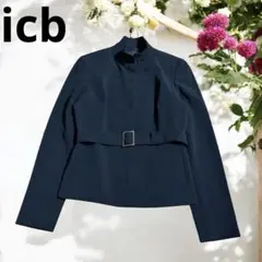 美品☆アイシービー☆ベルト付きハイネックジャケット　ストレッチ　ネイビー