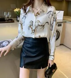 【今売れてます!!】長袖シャツ 馬柄 大人気 再入荷 白 柄シャツ 春服