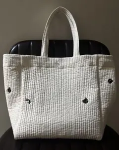 【完成品】ヌビ　トートバッグ　オフホワイト×ネコ　刺繍　肩かけ