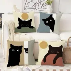 266 ネコ柄 黒猫柄 クッションカバー 4枚 黒猫 お洒落 可愛い リビング