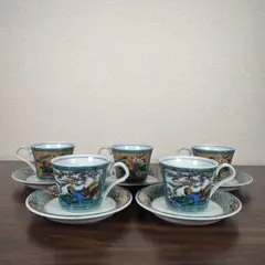 九谷焼　角福　色絵花鳥図　珈琲碗皿　カップ＆ソーサー　5客セット