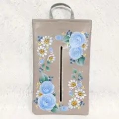 【トールペイント】ソフトパックティッシュカバー(ベージュに水色の薔薇）