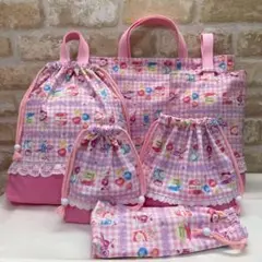 【匿名配送】入園入学6点セット　手提げ袋　靴袋　体操服袋等　飲み物柄　入園入学