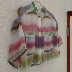 disparkシフォン ピンクストライプ 　シアー半袖シャツカーデガン