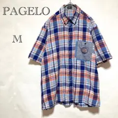 【綿麻混】パジェロ PAGELO チェック柄シャツ M メンズ ボタンダウン