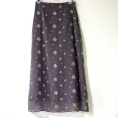 花柄刺繍 グレー シフォン ロングスカート