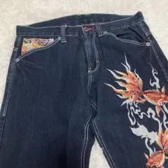 波達デニム刺繍金魚デザイン濃紺　L和柄