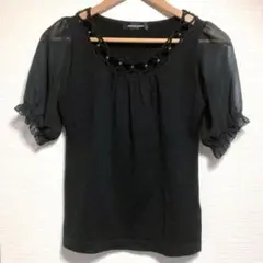 【美品】クィーンズコート 半袖ニット ビーズ 袖シースルー 黒M