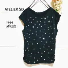 a163.アトリエシックス/ロングTシャツ【F】M相当/ブラック/星模様