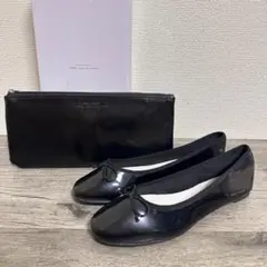 美品 GLR ポーチ付 ラウンドレインフラットシューズ 25-25.5cm 黒