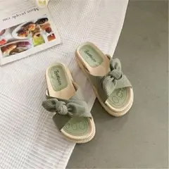 リボン付きオリーブグリーンサンダル 35 サイズ22.5