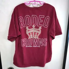 ロデオクラウンズ 半袖 Tシャツ 赤系 フリーサイズ 大きめロゴ ポケット付き