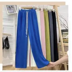夏服 サマーパンツストレート ウエストゴム リラックスパンツ ロイヤルブルー