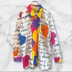 総柄シャツブラウスカラフルマルチカラーネオン派手個性的レトロポップハートボタン