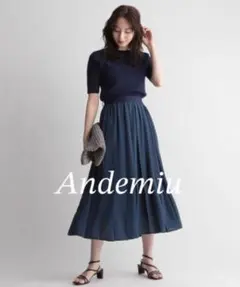 美品❤️Andemiu プリーツドッキングワンピース　ネイビー アンデミュウ