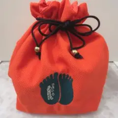 A245【未使用】ささぐり南蔵院　巾着袋　仏足　足型　刺繍　オレンジ　涅槃像