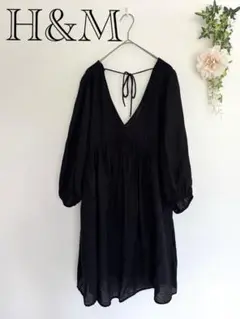 H&M✨黒 Vネック ワンピース シースルー バッグリボン ブラック