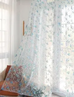 カーテン　レースカーテン　100cm 200 花柄　ブルー　レース　2枚セット