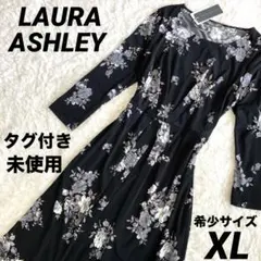 【タグ付き未使用】ローラアシュレイ　花柄　ワンピース　美シルエット　白黒
