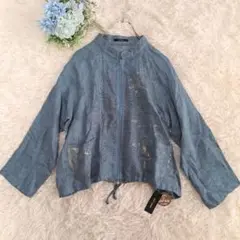 新品　kazumi　麻100%　ジップアップジャケット　ラメ加工　ブルー系　L