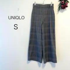 2521【UNIQLO】ワイドストレートパンツ(S)チェック　ウエスト後ゴム