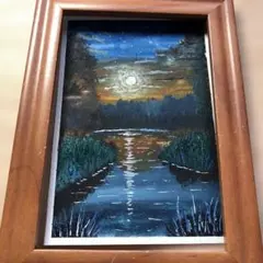 神秘的な月明かりの湖　水彩画　絵手紙　原画　ハガキサイズ