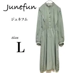 《 ジュネフム / オンワード 》 レトロ柄　ミントグリーンワンピース　Ｌサイズ