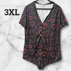 美品✨️【3XL】ハート柄オールインワン ショートパンツ 半袖黒/赤