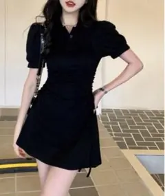 サイドシャーリング半袖ポロシャツワンピース M