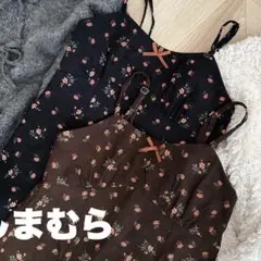saleしまむら　淡色コーデブラウンコーデュロイ花柄ワンピース キャミソール