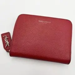 サンローラン 二つ折り財布 コンパクトウォレット シボ革 ラウンドファスナー 赤