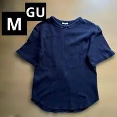 ジーユーワッフルUネックTシャツ半袖M黒