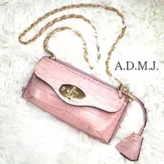 極美品◆ADMJ ショルダー ポシェット財布 チェーン ピンク クロコダイル