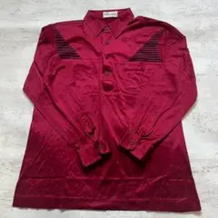 【美品】ピエールカルダン ロゴ刺繍長袖シャツ ワインレッド コットン100%