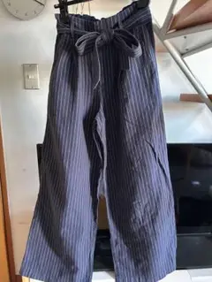 ストライプ柄ウエストリボンワイドパンツ