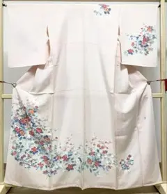 A 単衣 手書き友禅染め 作家物 季節の花々 薄ピンク 縮緬 正絹 訪問着 着物