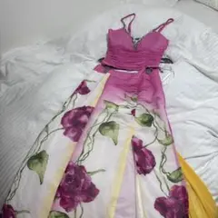 花柄ビジュー付きピンクドレス　セットアップ