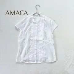 アマカ【M】 半袖シャツ ブラウス　カジュアル シンプル 無地　ノーカラー