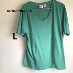 NO BOUNDARIES　緑　Vネック半袖Tシャツ L　のコットン100%