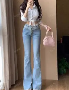 値下げ shein ハイウエストベルト付き フレアデザインデニムパンツ