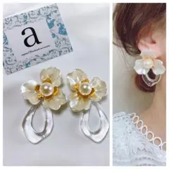 2286-1 2way ゴールド☺︎ホワイトフラワーのピアス×クリアフープ☺︎