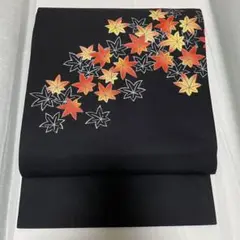 最終価格/A 紅葉柄に銀彩 正絹 黒地 名古屋帯 新品