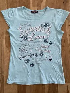 女の子 春・夏用 Ｔシャツ ブルー お花&ハート キラキラ 《美品》