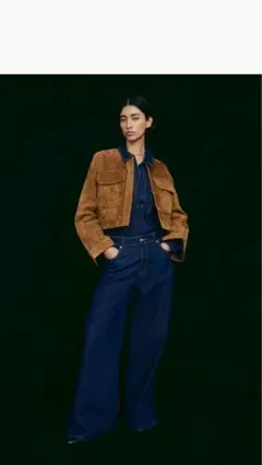 今期H&M/ハイウエストワイドデニム/34/ネイビー