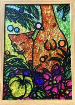 茶トラのにゃんたまステンドグラスガラス絵の具金運開運絵画富士山手書き風景画壁掛け