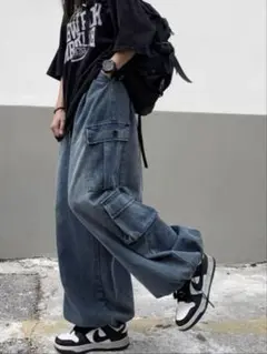 カーゴパンツ ワイド デニム ユニセックス ポケット ストリート 体型カバー