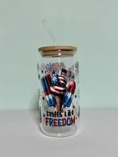 ガラス缶型カップ 蓋とストロー付き　500ml