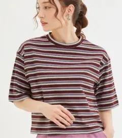 M Tシャツ GU ５分袖 マルチボーダークロップドT(5分袖)+EC