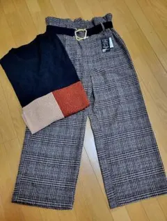 大きいサイズ　チェックパンツ&ニット　ベルト付き
