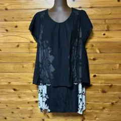 大きいサイズ　シフォン重ね着ワンピース　黒　花柄　3L